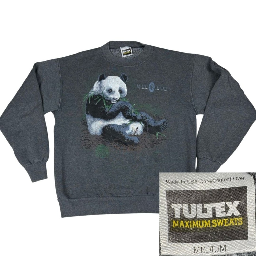 Vintage 90s Giant Panda Sweatshirt Medium Gray USA Made Tultex Endangered Specie